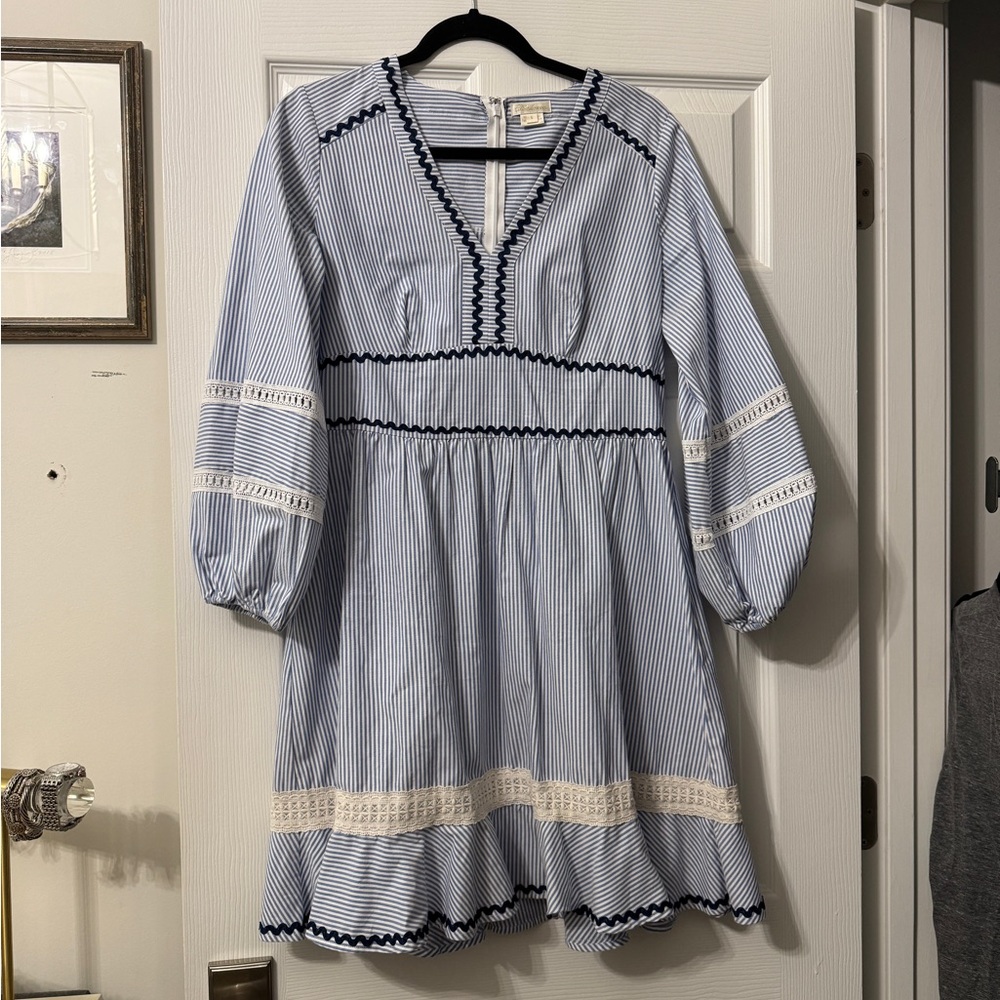 Shoshanna Orvalee cotton striped dress with ric rac trim